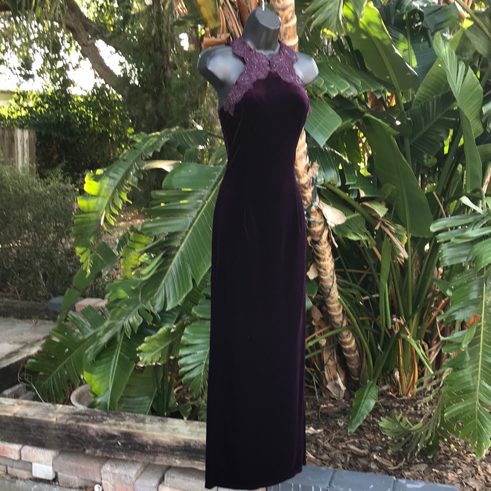 purple lace trim, velvet column dress with front slit